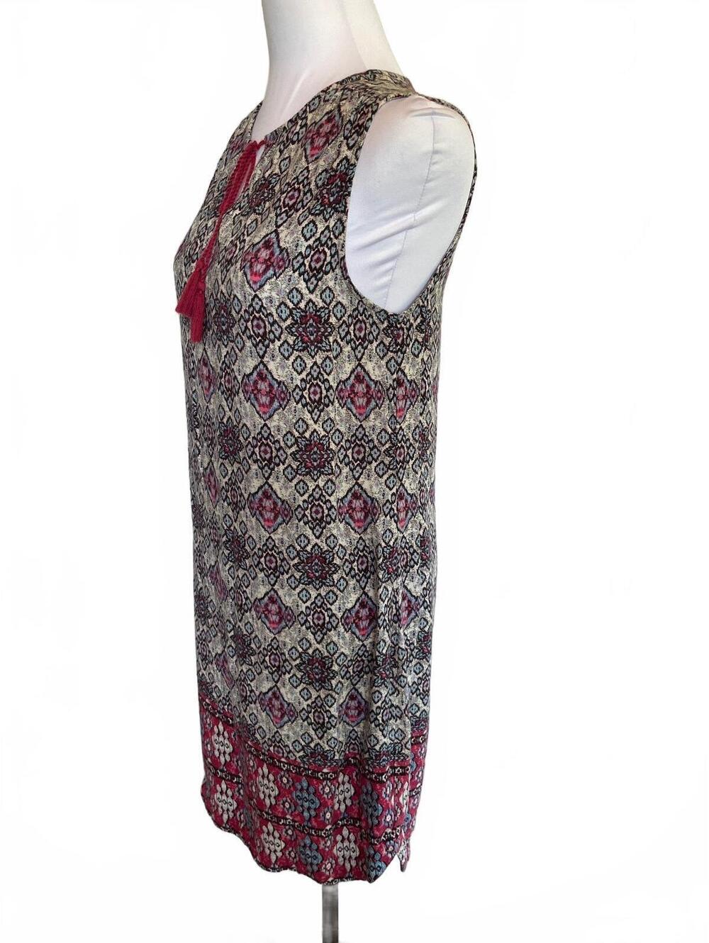 Cream Burgundy Print Shift Dress S Boho Chic Folk Tassel Festivalcore Resortwear - Picture 5 of 8